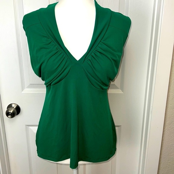 AB Studio Green Short Sleeve Babydoll Y2K Plunge Neck Business Casual Blouse - Picture 1 of 7